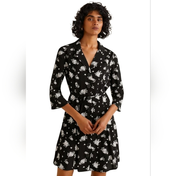 Mango Black & White Floral Print Knit Button-down 3/4 Sleeve Mini Dress sz 4 - Picture 1 of 10